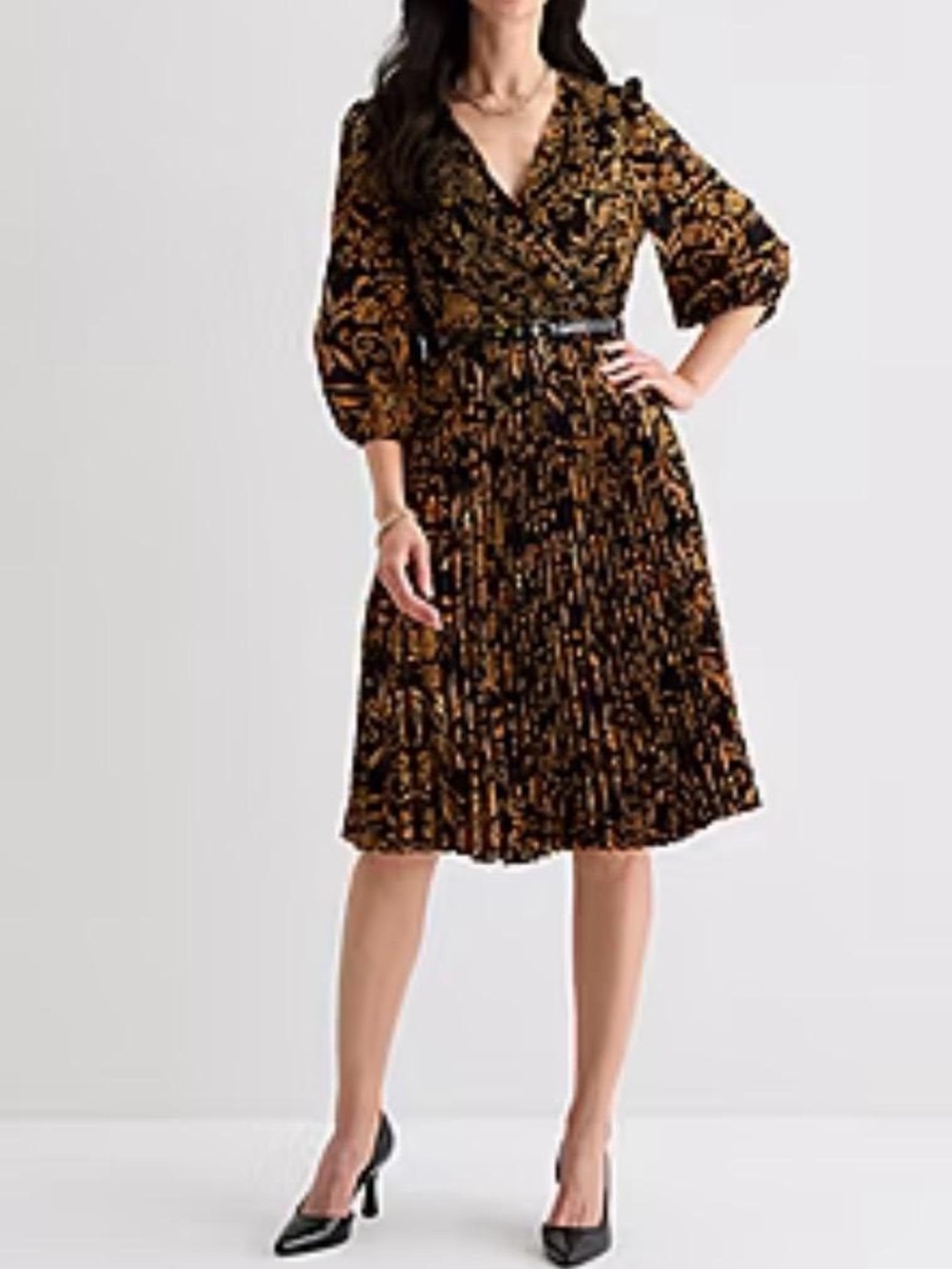 Gold Floral Print Midi Dress with V-Neck and Belt